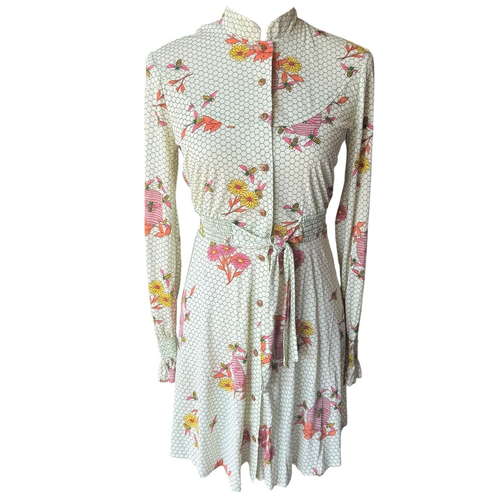 Vintage Peggy Barker ILGWU Beehive Honeycomb Novelty Print Dress S